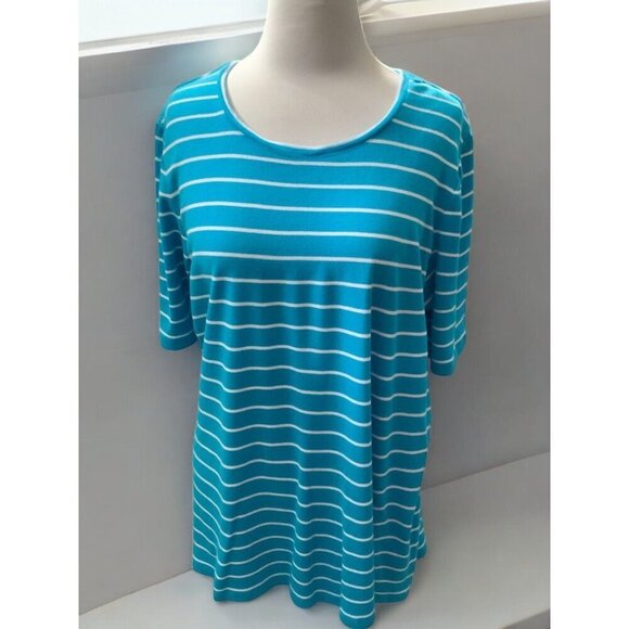 Chicos Relaxed Scoop Neck XL Short Elbow Sleeve Tee Turquoise White Striped - Picture 8 of 8